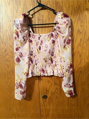 Express Pink Floral Smocked Square-Neck Blouse